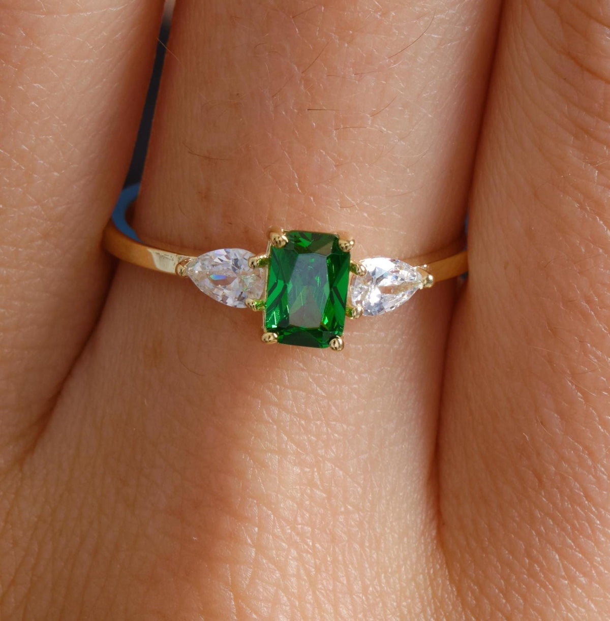 Emerald Cut Side Stone Gold Birthstone Ring
