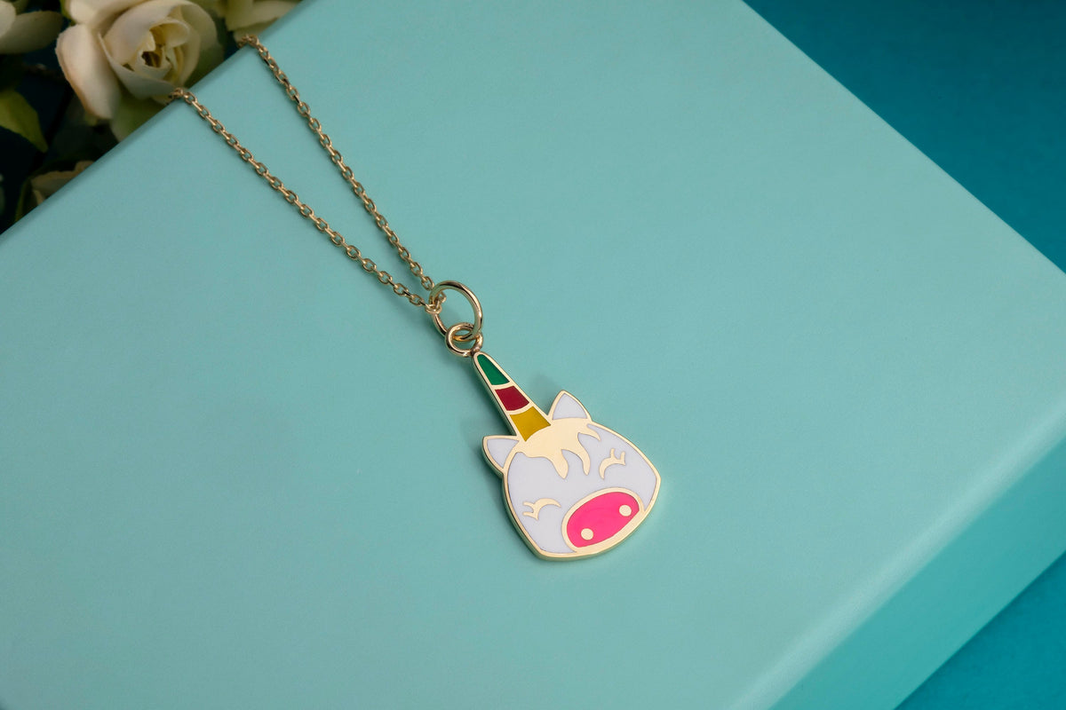 Gold Enamel Unicorn Face Pendant