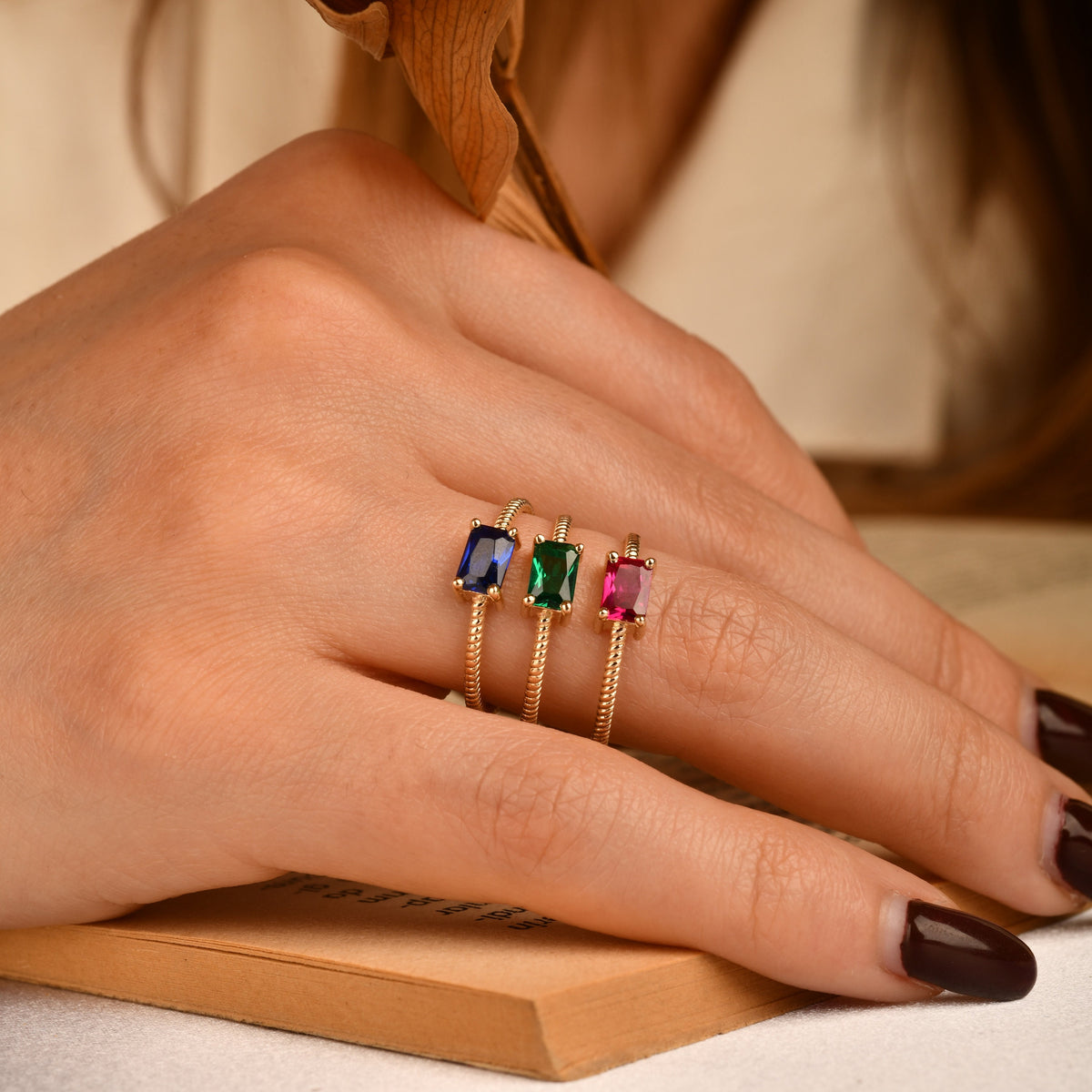 Textured Baguette Gold Birthstone Ring