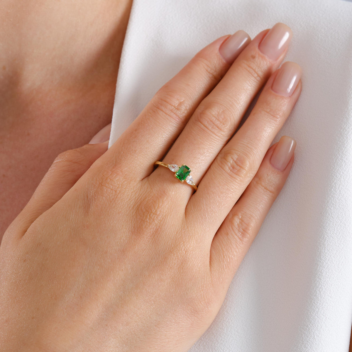 Emerald Cut Side Stone Gold Birthstone Ring