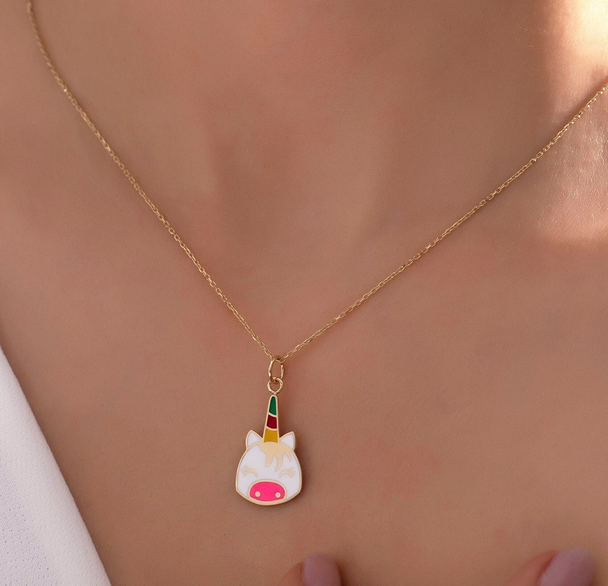Gold Enamel Unicorn Face Pendant