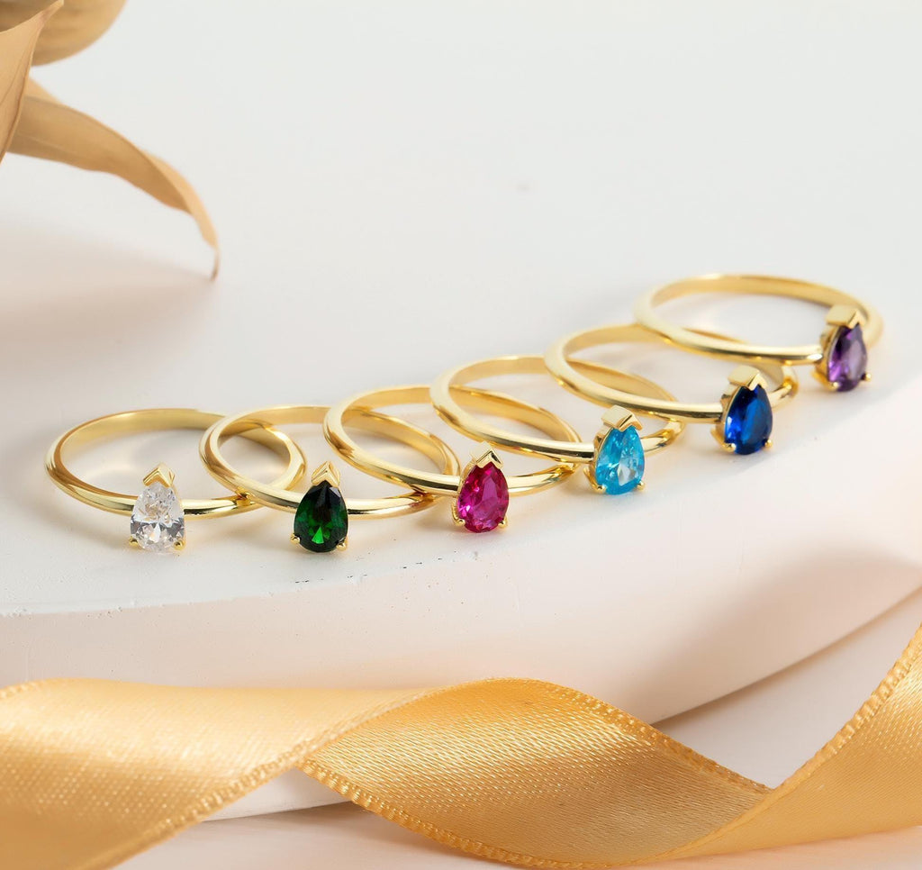 Gold Dainty Pear Cut Birthstone Ring