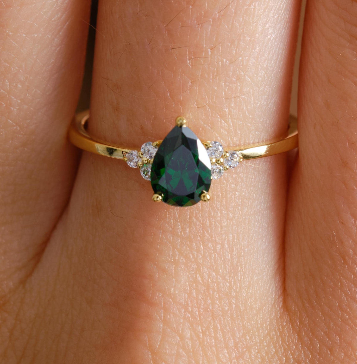 Pear Cut Side Stone Gold Birthstone Ring