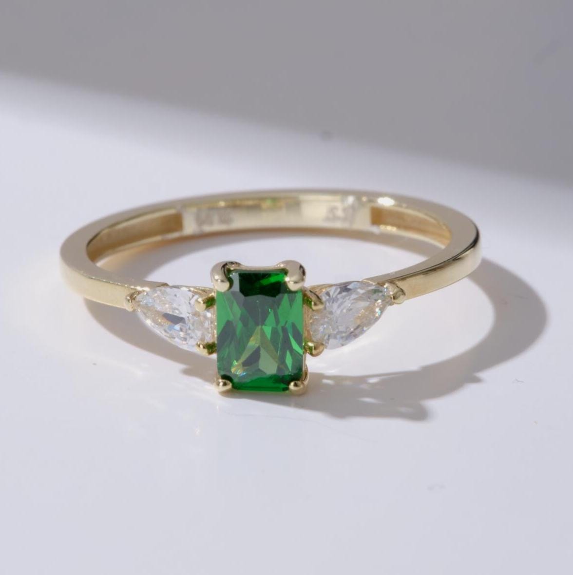 Emerald Cut Side Stone Gold Birthstone Ring