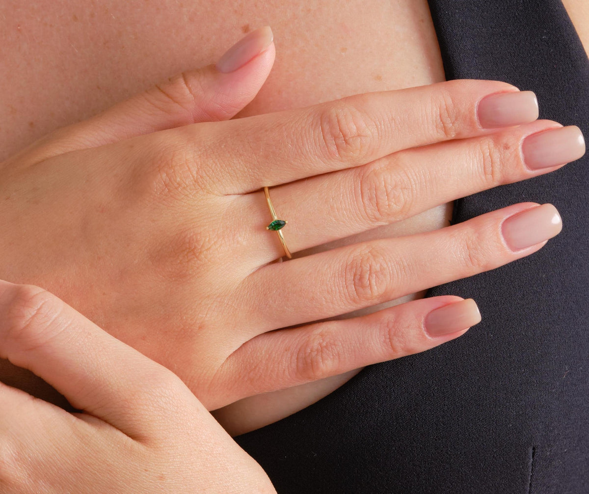 One Stone Marquise Cut Gold Birthstone Ring