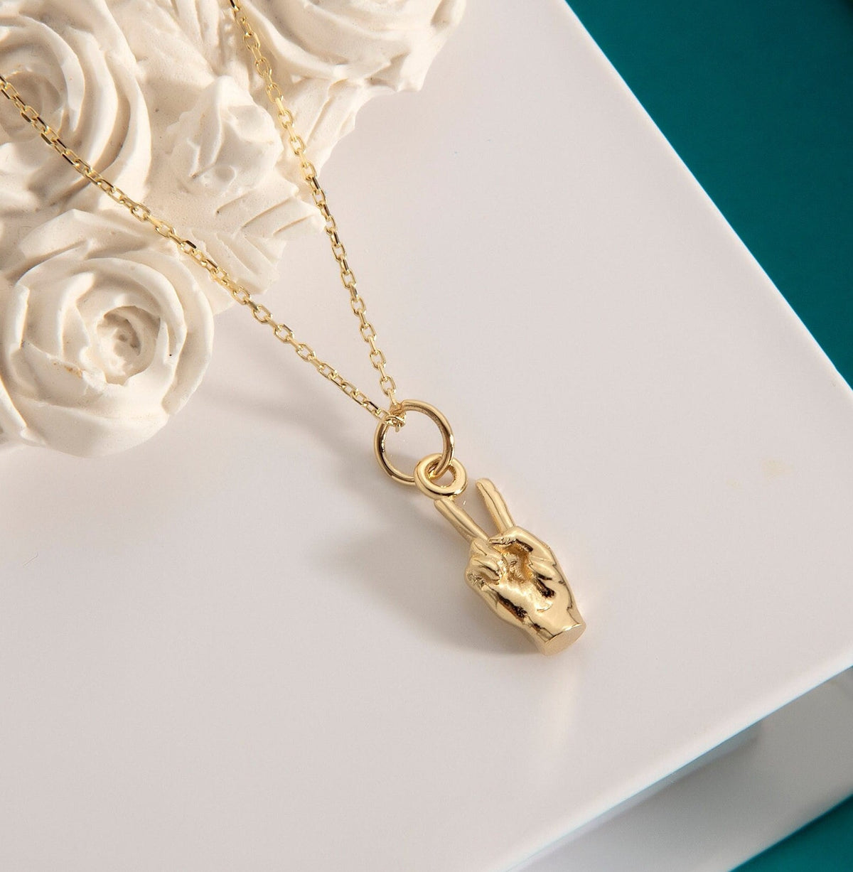 Gold Peace Sign Hand Pendant