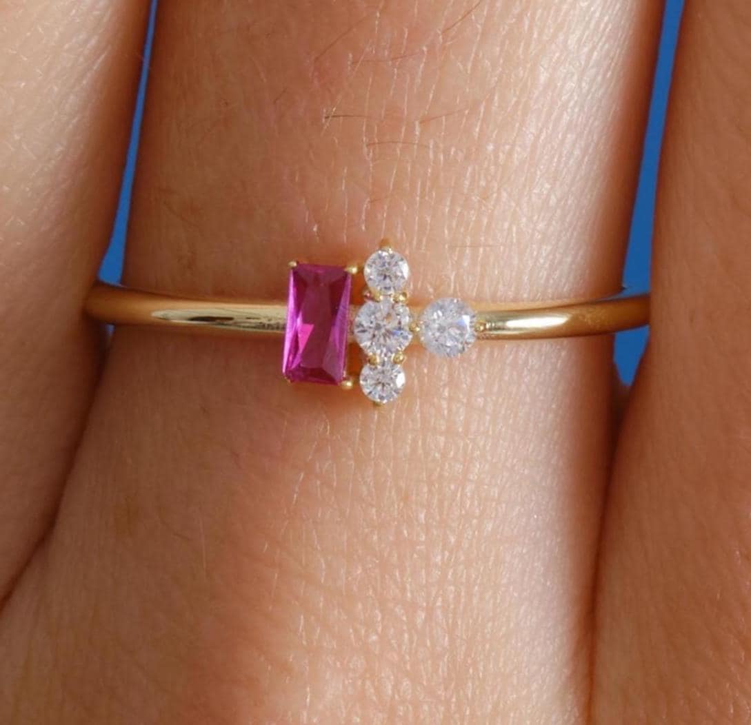 Baguette Accent Gold Birthstone Ring