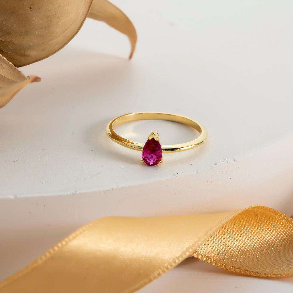 Gold Dainty Pear Cut Birthstone Ring